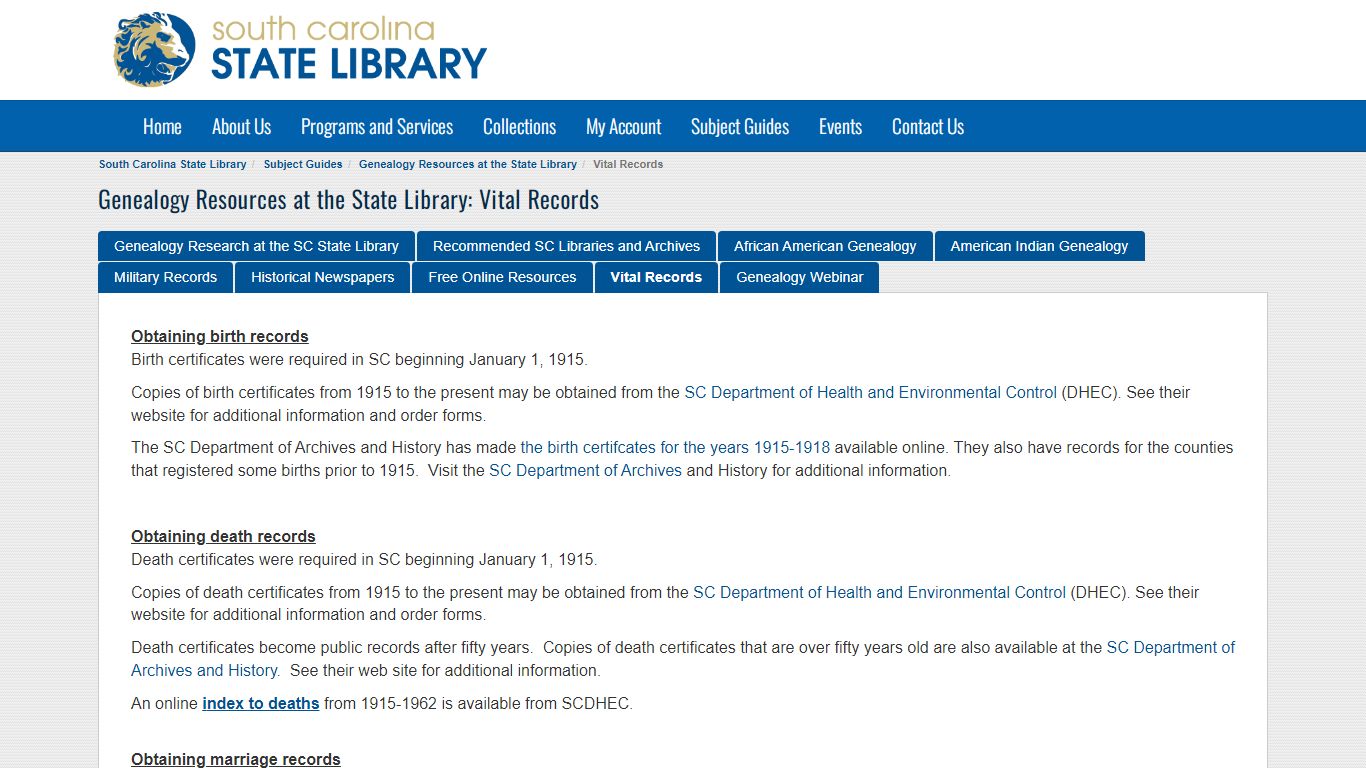 Vital Records - Genealogy Resources at the South Carolina ...